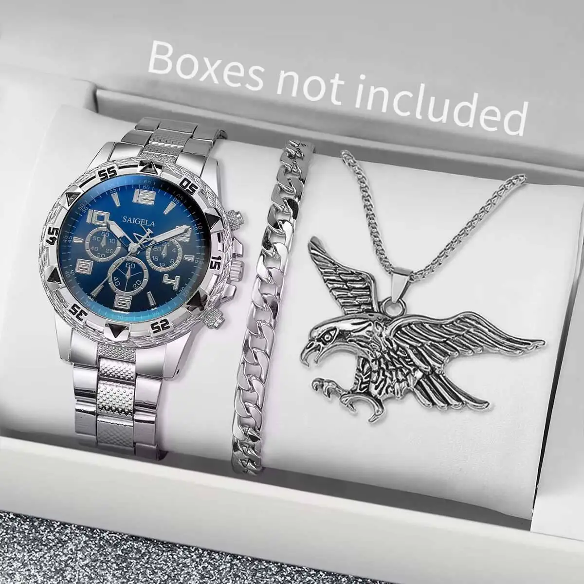 メンズステンレススチールクォーツ腕時計,カジュアルネックレスとブレスレットのセット,ボックスなしのビジネスウォッチ,ファッショナブル,1セットあたり3個