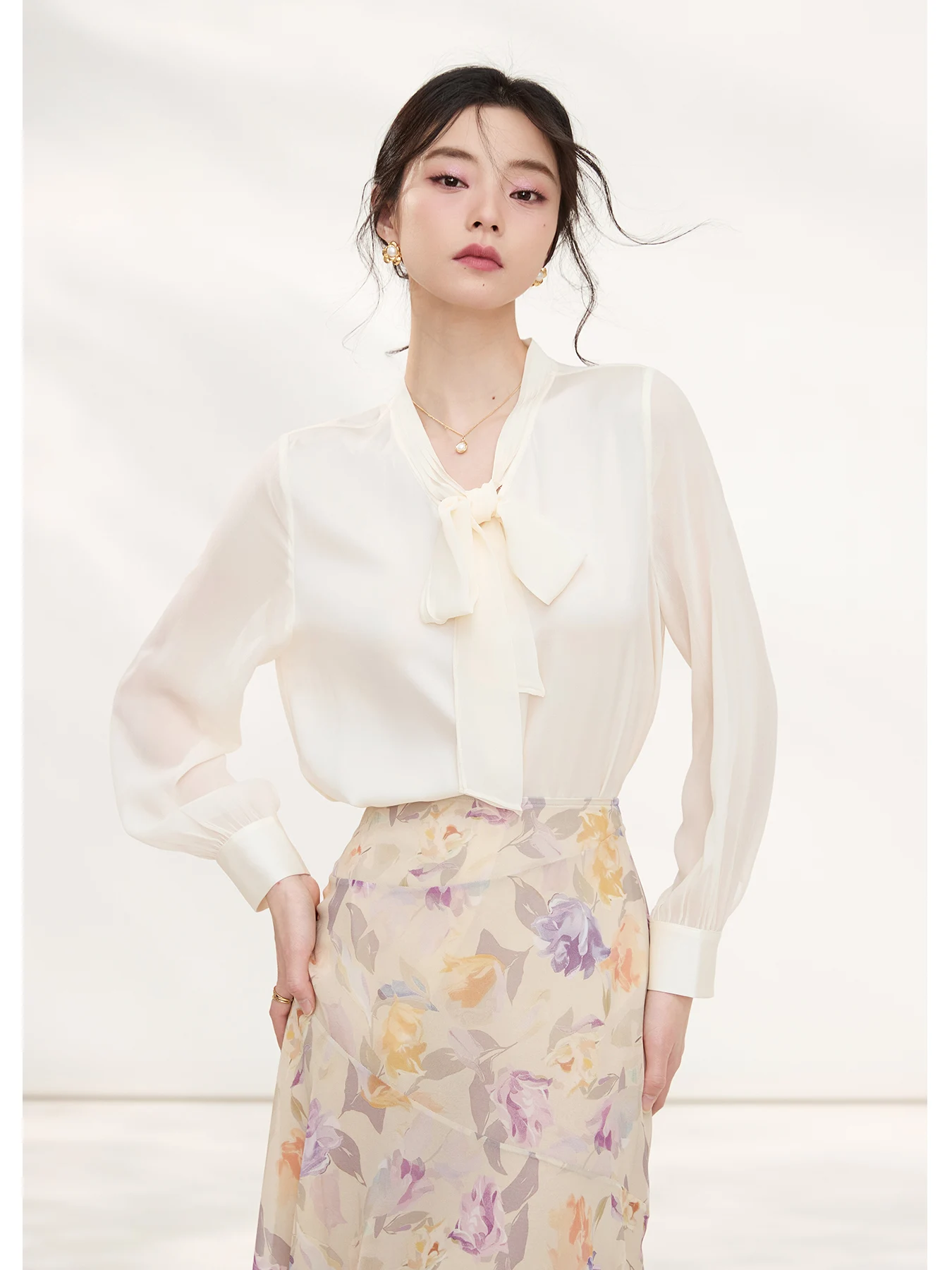 

Silk Sash Shirt Women's Long Sleeve Knot Elegant Silk Spring Summer New Style Commute Style Loose Fit Butt...