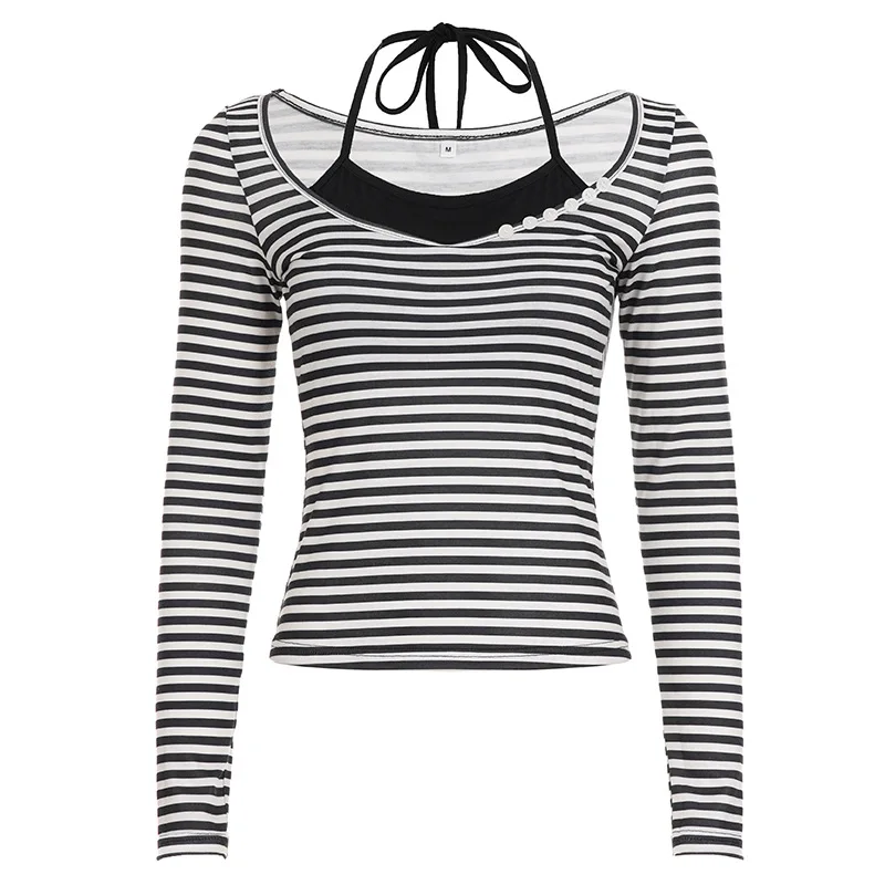

Autumn New Sexy Spicy Girl Long Sleeved Knitted Casual Korean Fake Two-piece Hanging Neck Striped T-shirt