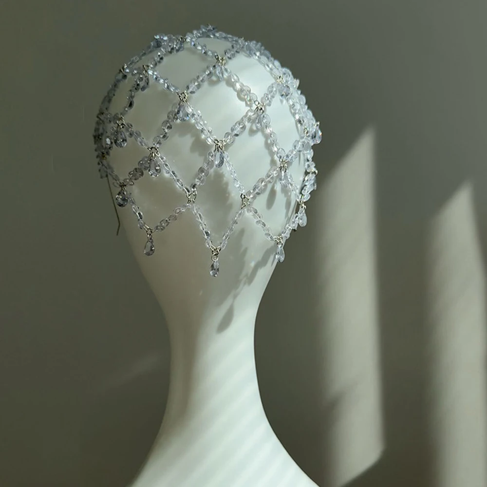 1920S Gatsby Mesh Headband Hat Women Handmade Hair Jewelry Gift Carnival Water Drop Acrylic Head Chain Cap Wedding Accessories view 2