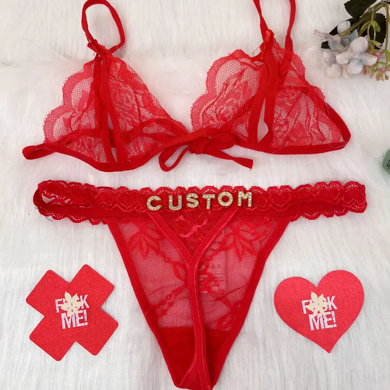 Custom Thong with Name Lace Lingerie Bra Set Hotwife Panties Customized Rhinestone Letters Bikini Sexy Lingerie Set Tanga Gifts