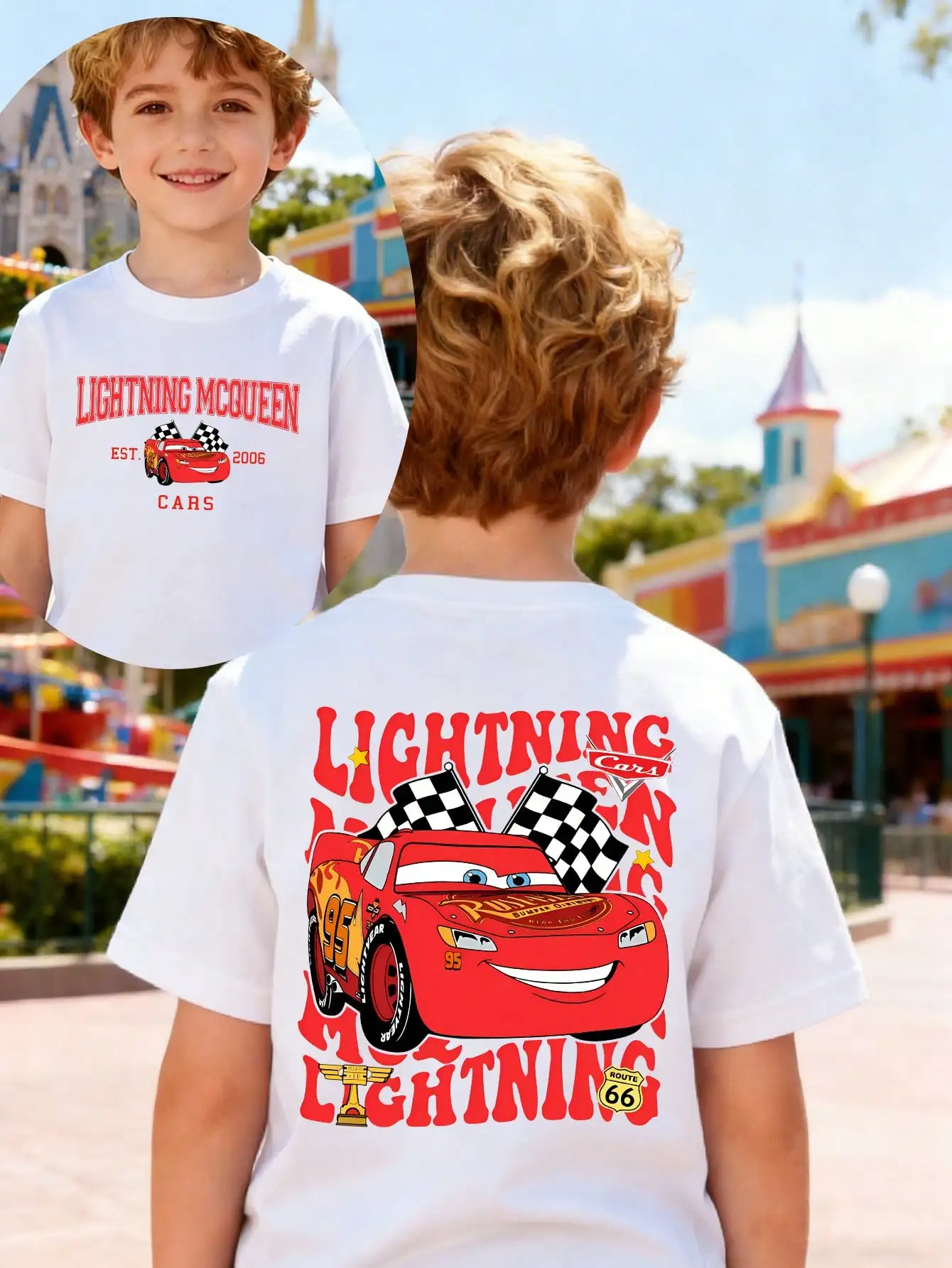 

Детская белая хлопковая футболка с изображением красного гоночного автомобиля и флагами в клетку, с коротким рукавом и круглым вырезом, для лета