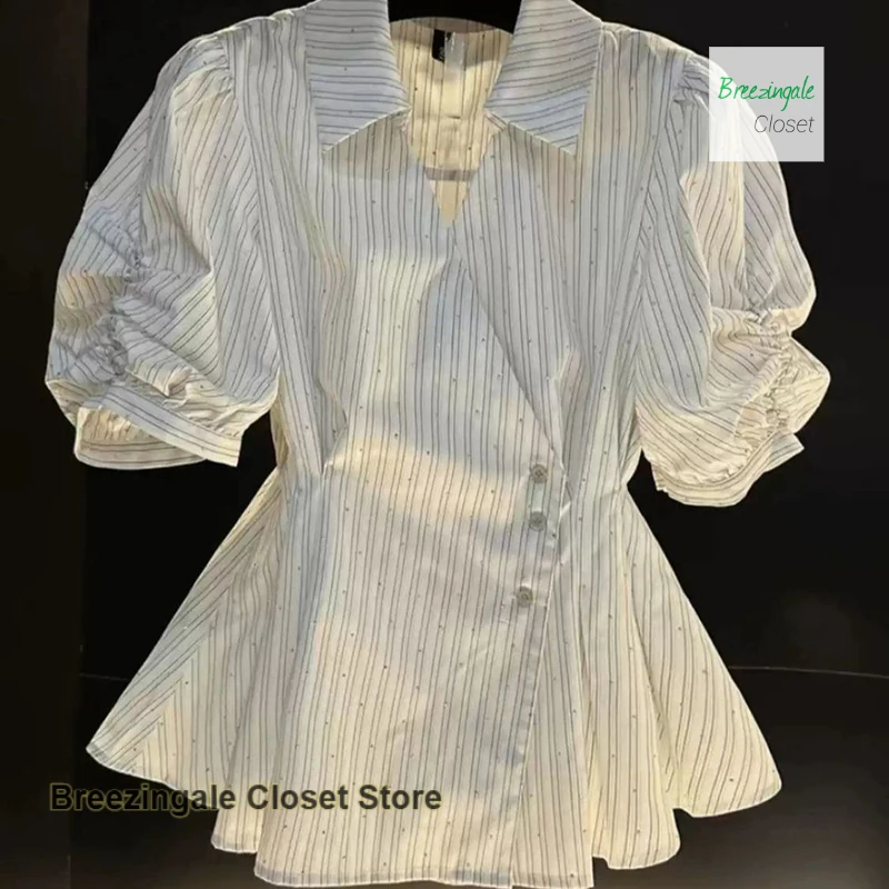

French temperament irregular pleated striped polo neck short-sleeved shirt women's summer new fashion design Joker waist top