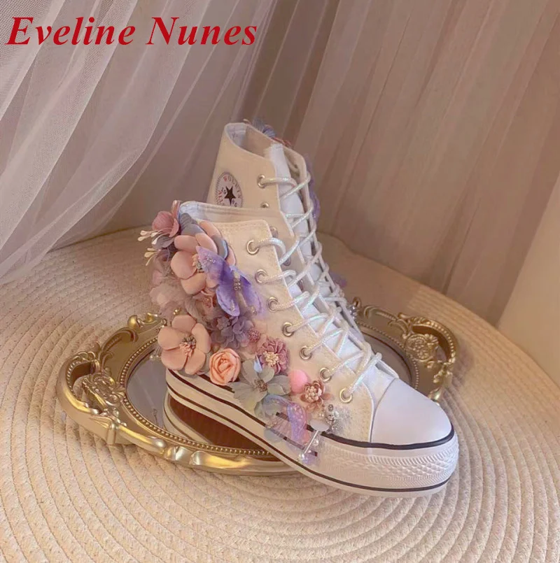 

2022 New Fashion Women's Canvas Shoes All-Match Sweet Lolita Round Toe Increased Internal Rhinestone Tassel Flower Pumps Shoes