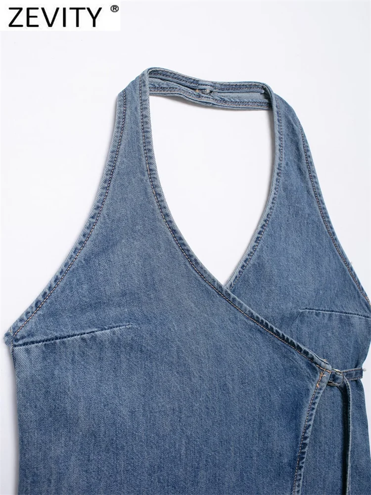 Zevity Women Fashion Sleeveless Denim Halter Blouse Female Backless Side Lace Up Casual Slim Shirts Blusas Chic Tops LS327