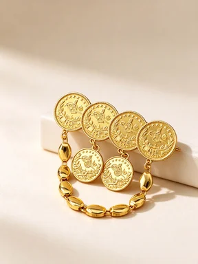 Ethnic Gold Coin Brooch with Bead Chain, Vintage Engraved Medal Pin for Abaya Caftan Dress