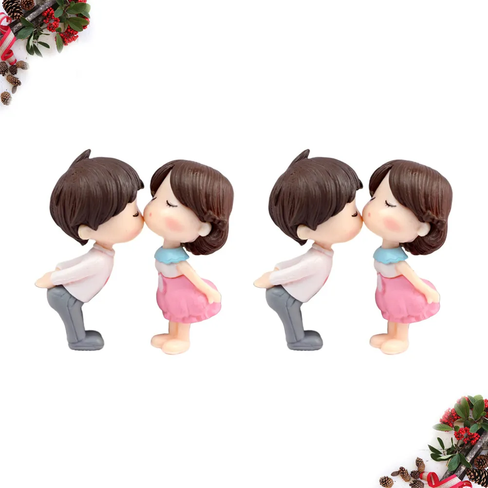 2Pairs Exquisite Kiss Couple PVC Ornaments DIY Cake Decor Micro Landscape Decoration for Fairy Tale Party Auto Interior Bedroom