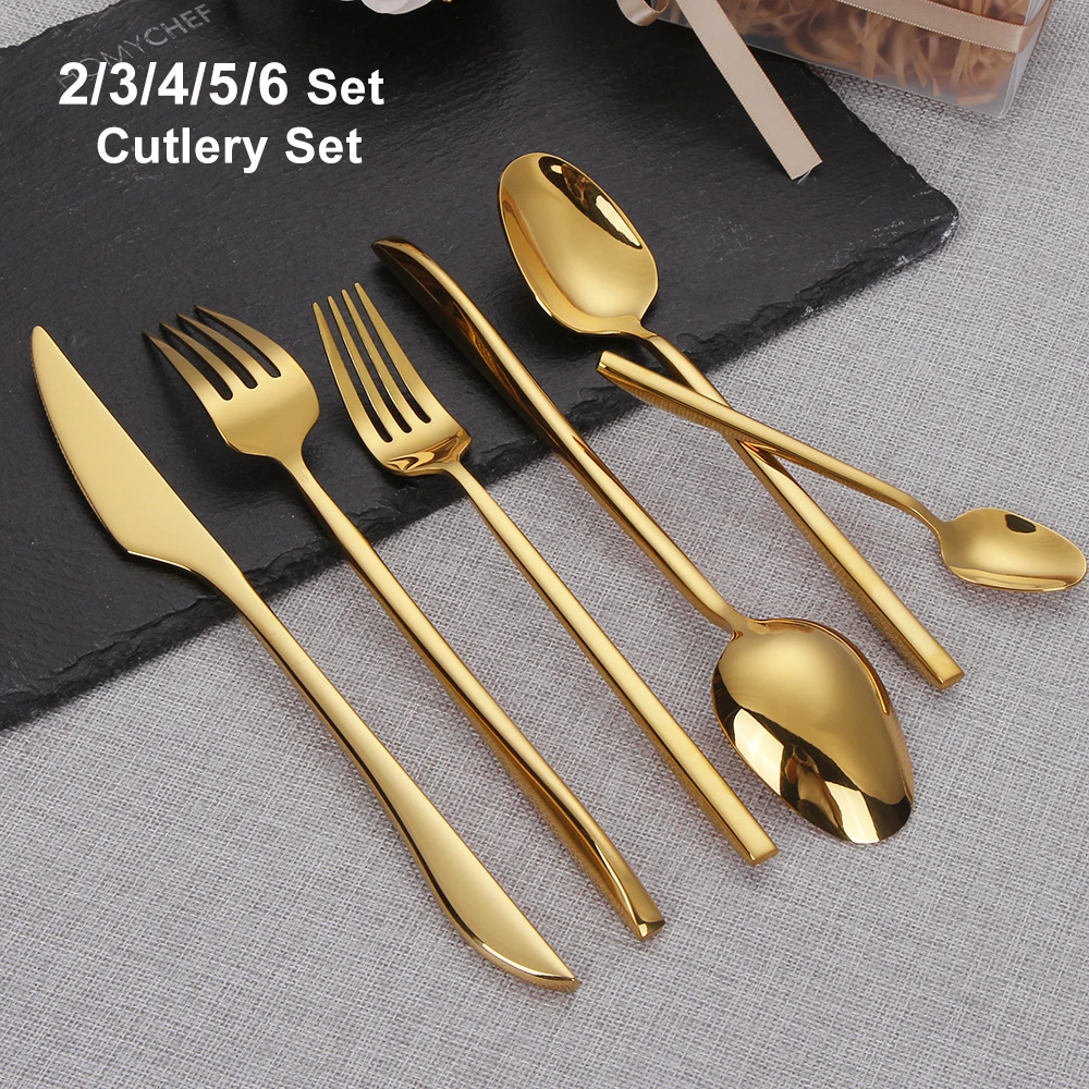 2/3/4/5/6 Set Gold Cutlery Set Stainless Steel Tableware Golden Dinnerware Mirror Knife Fork Spoon Set For Home Kitchen Utensils