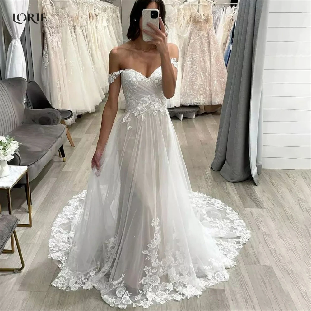 

LORIE Pleated Lace Wedding Dresses Off Shoulder Appliques A-Line Boho Bridal Gowns Sweetheart Bride Dress 2022 robe de mariée