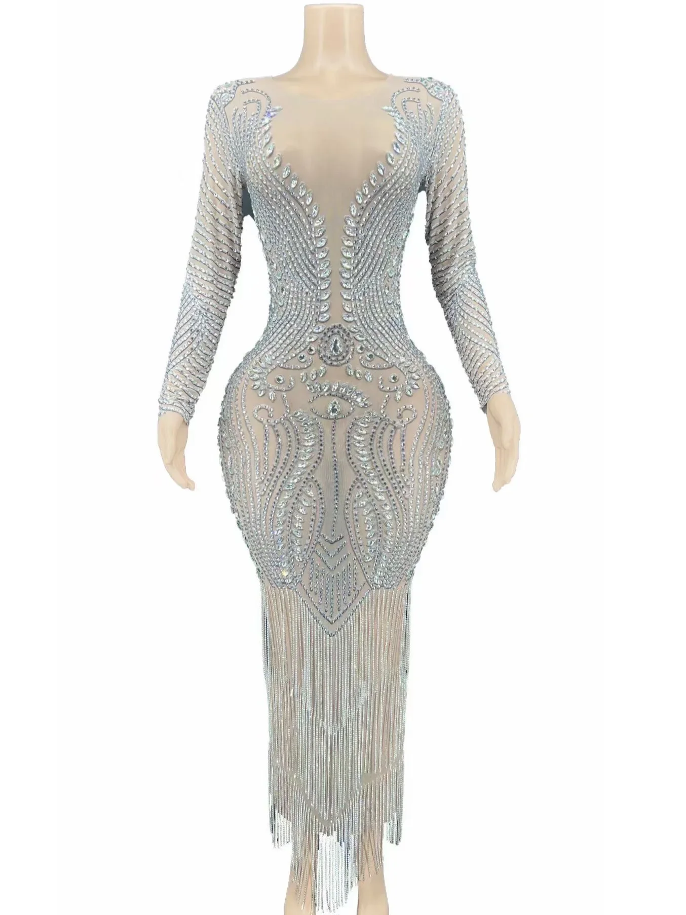 Frauen Nude Glänzende Strass Kristall Lange Ärmel Quaste Sexy Elegante Abend Bankett Promi Tragen Konzert Bühne Kostüme