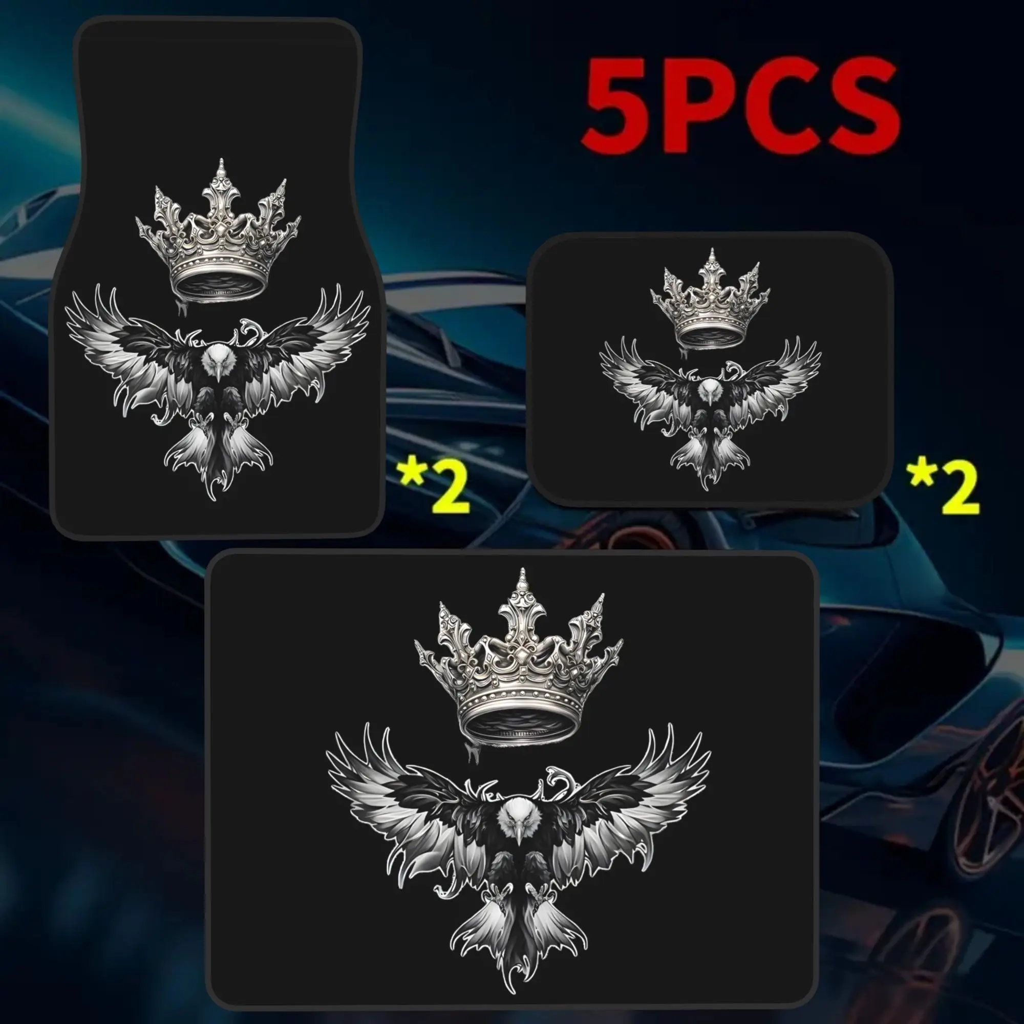 2D Plane 5pcs Bald Eagle With Crown Car Floor Mat | Trunk Liner -5pcs Set (including 4 Floor Mats And 1 Trunk Liner) With Stylis