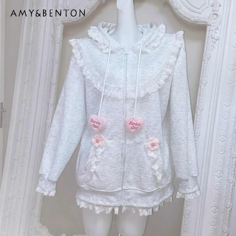 

Original Japanese Design Sweet Cute Hooded Lace Sweatshirt Women's Jacket 2025 Autumn New Loose Slimming Versatile Coat Ladies