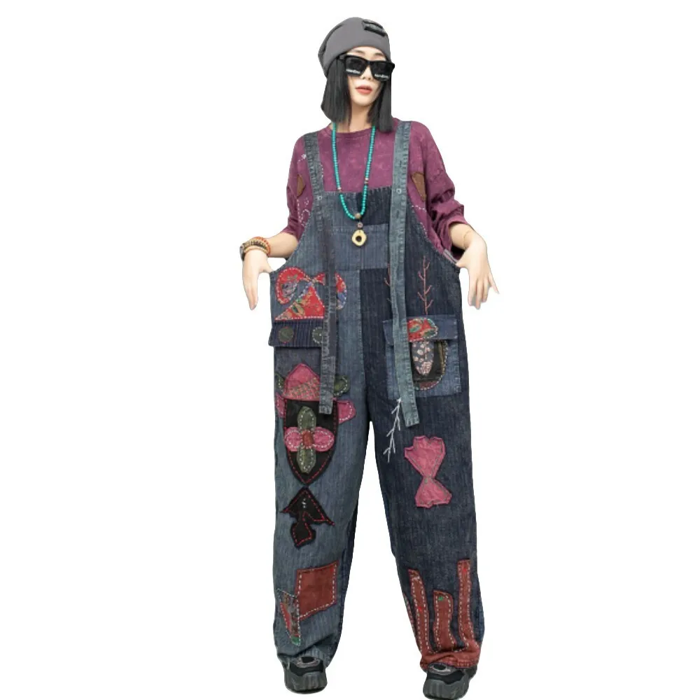 Schwerindustrie hand bestickte Patchwork alten Stoff Spleißen weites Bein Overall Frauen 2024 Herbst hohe Taille Overall lx2228