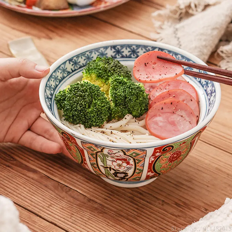 Japanese 6-inch Ceramic Rice Ramen Bowl Instant Noodle Bowl with Lid Ancient Imari Style Kitchen Supplies Palace Style Tableware