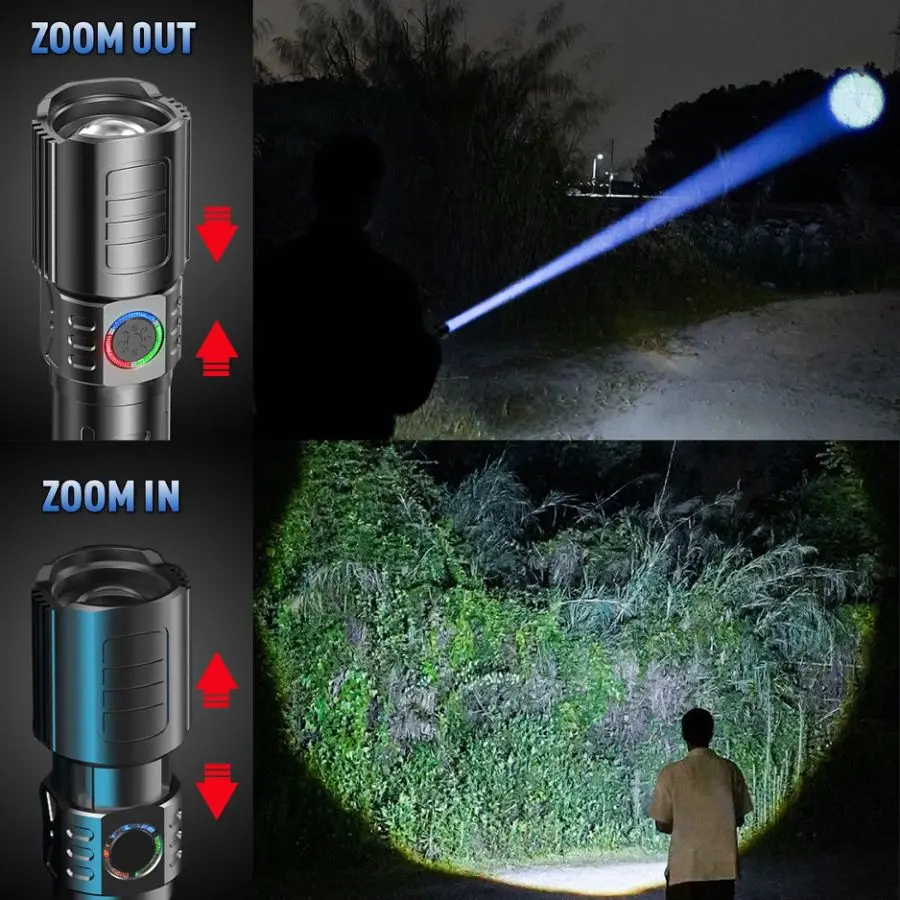 Powerful LED Flashlight 3 Modes Super Bright USB Rechargeable Flashlights Telescopic Zoom Torch Long-Range Emergency Light