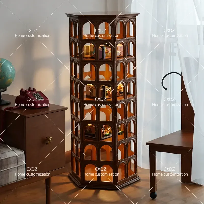 Solid Wood Round Arch Display Cabinet 4 Tier Multifunctional Vintage Hollow Corner Shelf for Home Decor Storage Organizer