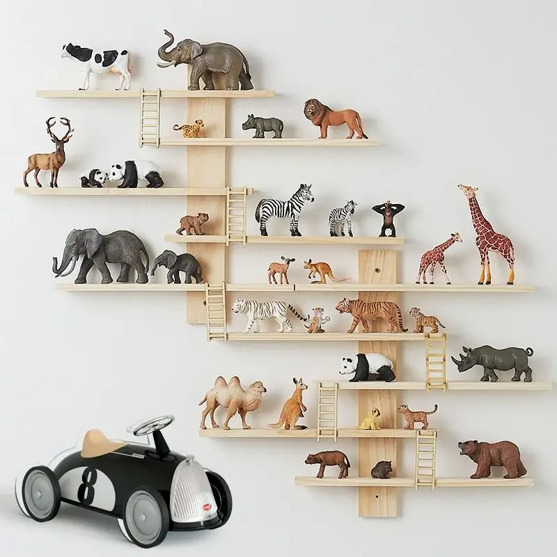 Solid Wood Animal Model Display Shelf Children's Room Multi-layer Rack Blind Box Storage Display Wall Hanging Happy Zoo Shelf