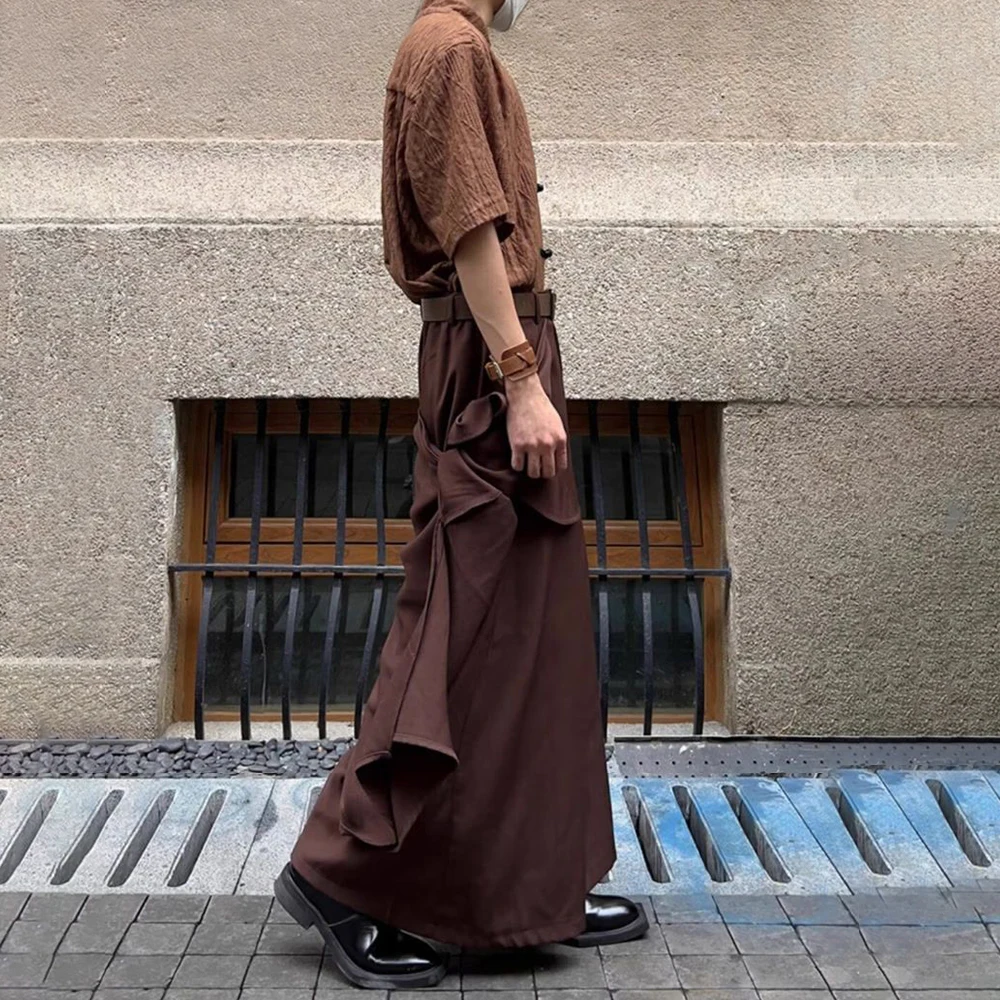 Erkekler japon çift katmanlı düzensiz rahat Culottes 2024 yeni cinsiyetsiz moda ekleme düz renk gevşek geniş bacak pantolon Unisex