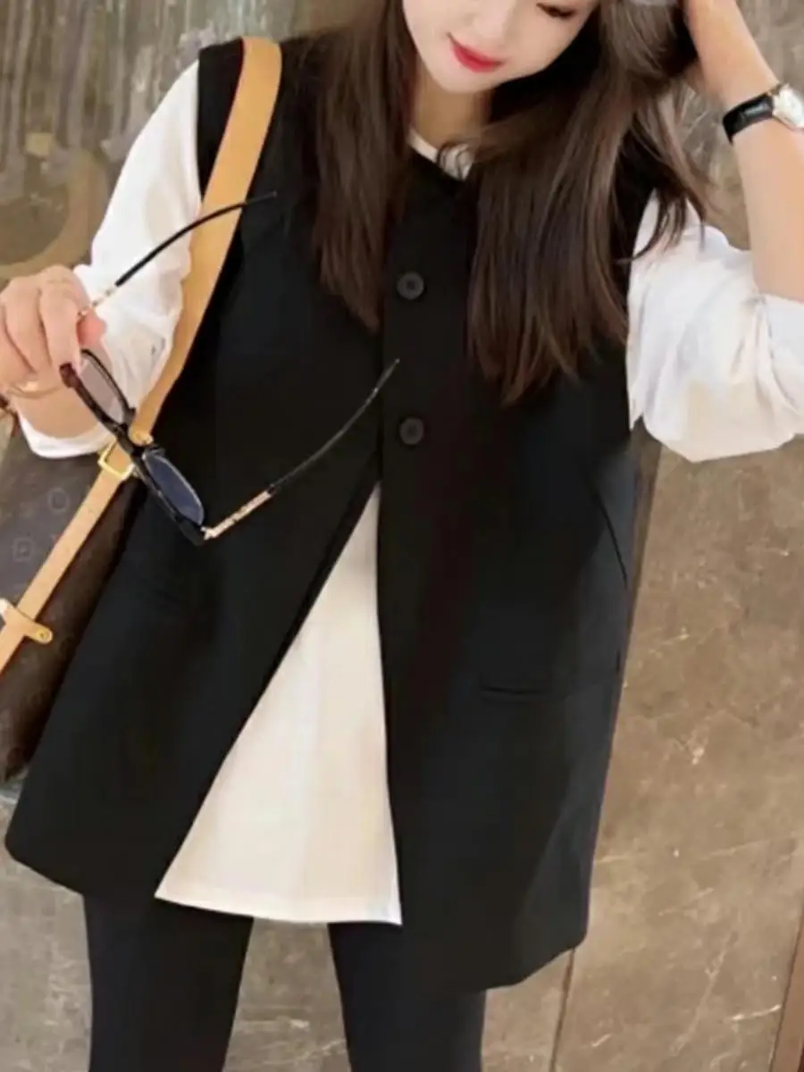 

Elegant Korean Style Women's Suit Vest Loose Sleeveless Fashion Outerwear round Neck Single Button Closure Commute Style