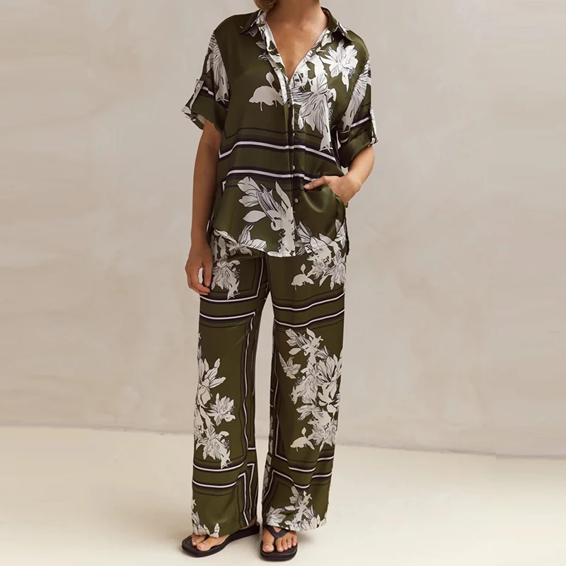 

New Pocket Single Breasted Shirts & Wide Leg Pants Outfits Summer Homewear Fashion Casual Short Sleeve Printed Two Piece Sets