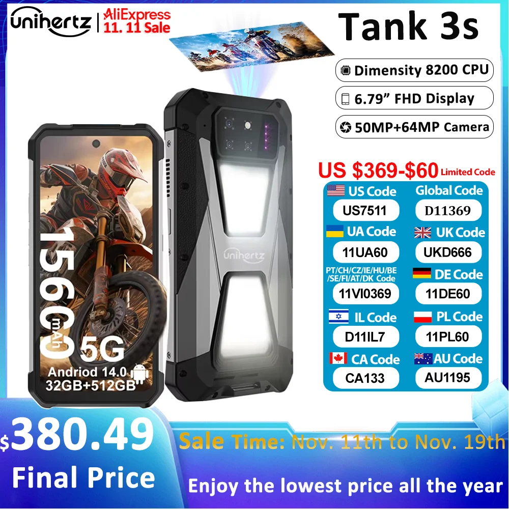 

Unihertz tank 3s 8849 powered phone with projector 24/32GB 256/512GB Dimension 8200 cellphone 15600mAh 66W smartphones