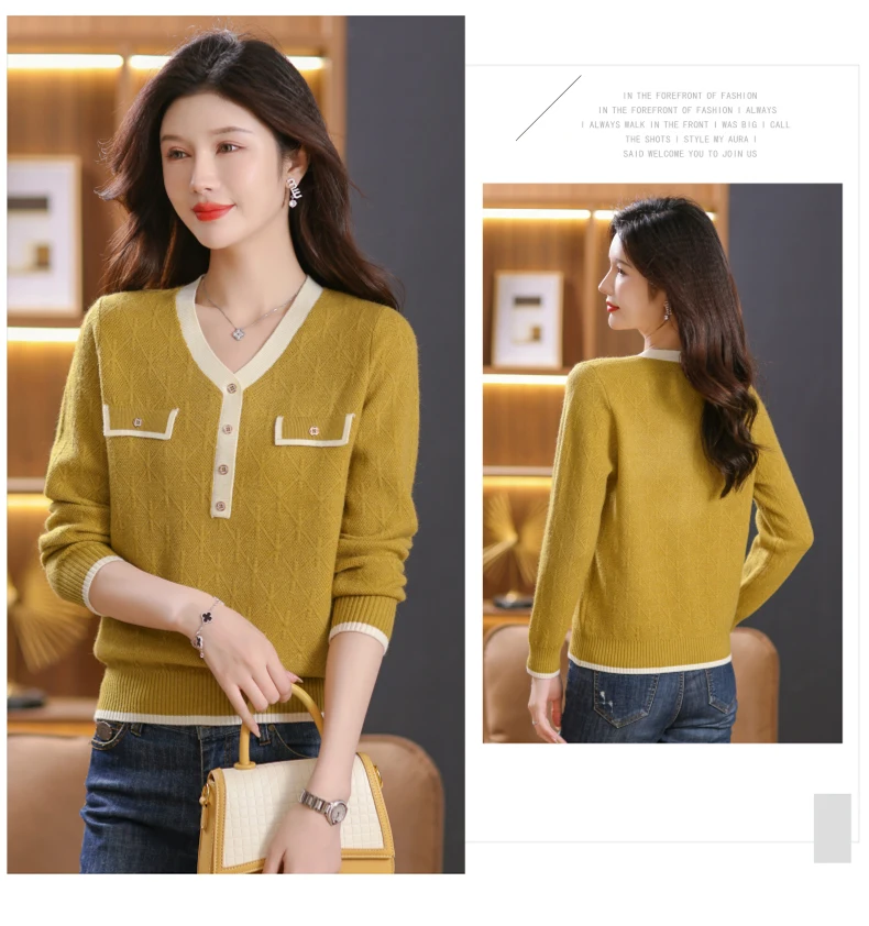 เสื้อสเวตเตอร์ไหมพรมคอวีทรงหลวมสไตล์ใหม่สำหรับฤดูใบไม้ร่วงและฤดูหนาวสำหรับผู้หญิง