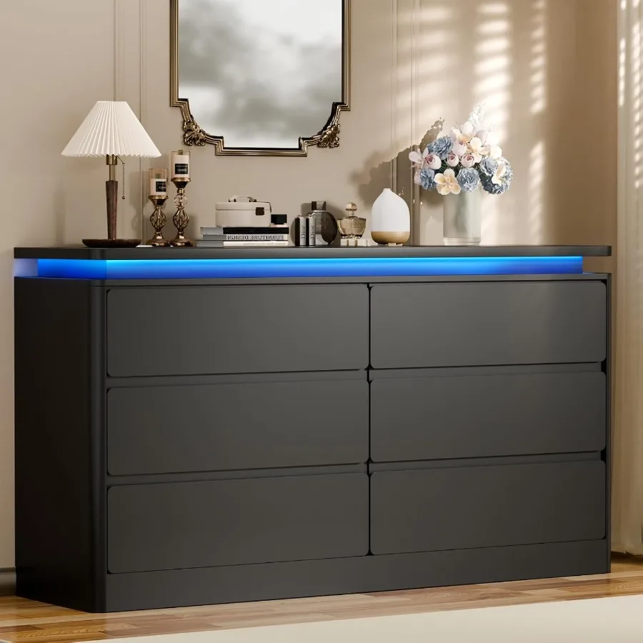 خزانة سوداء ذات 6 أدراج لغرفة النوم، خزانة ذات أدراج حديثة بطول 47.2 بوصة مع محطة شحن مدمجة وأضواء LED محيطة #1