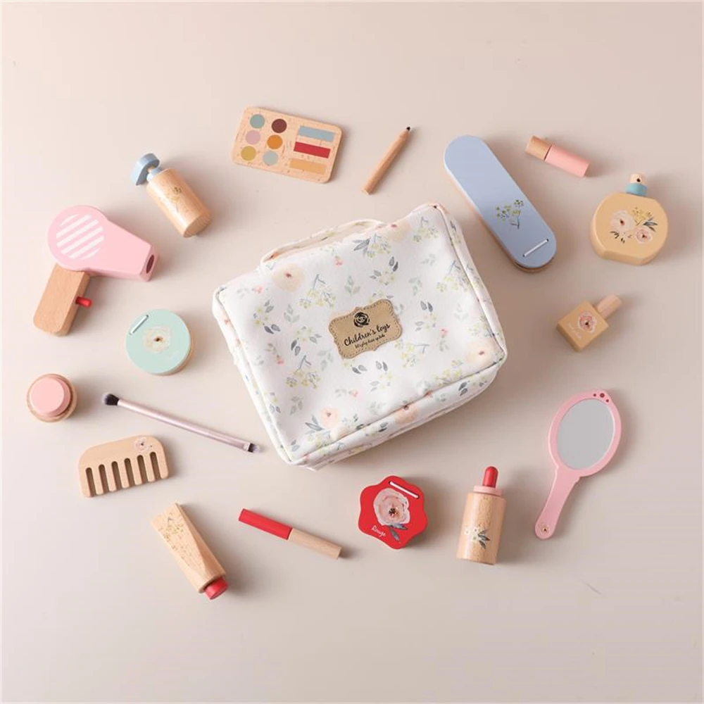 Baby Wooden Pretend Play Makeup Toys Girls Play House Hairdressing Simulation Make Up Preschool Toys Simulation Cosmetics Set