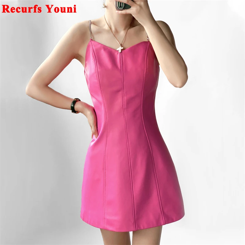 Lambskin Dress For Women 2024 Female 100% Leather Barbie Pink Slim Chain Sling Dress Sexy Club Bodycon Mini Vestidos De Mujer