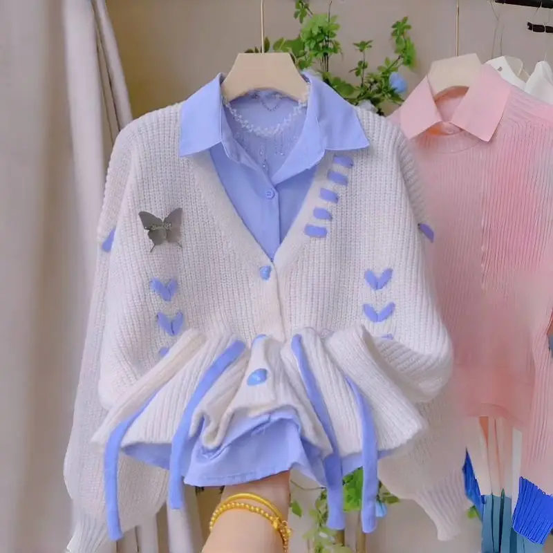 

Soft and Lazy Butterfly Love Strap Knitted Sweater for Women in Autumn and Winter Shirt Two-piece Set