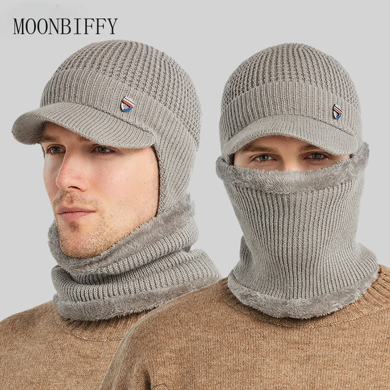 

Men Winter Warm Hats with Earmuffs Mask Fluff Lined Male Baseball Cap Thick Winter Cycling Coldproof Windproof Knitted Hats