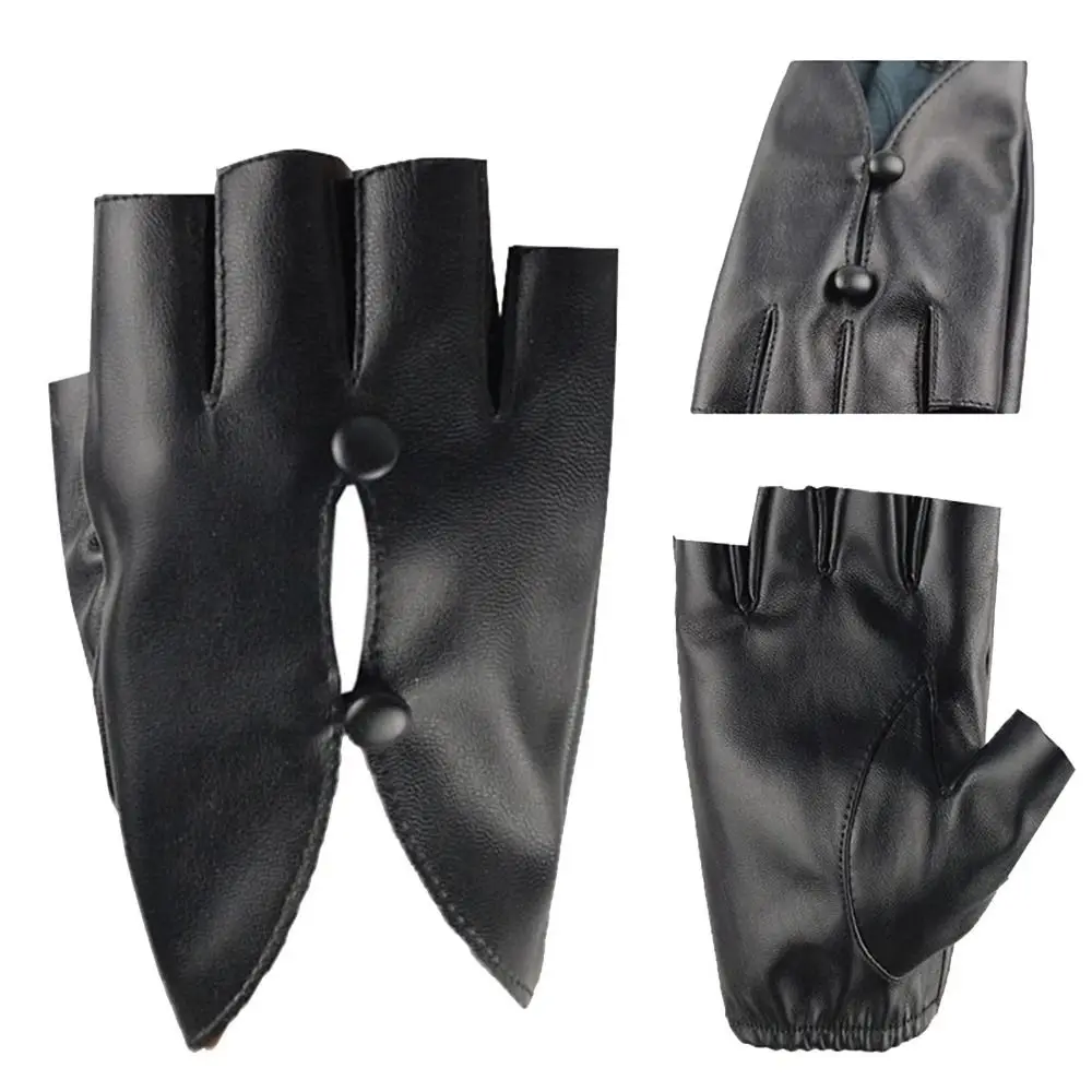 PU Leather Women Leather Gloves Anti-Slip Palm Guard Dance Performance Gloves Button Hole Durable Half Finger Gloves Cosplay