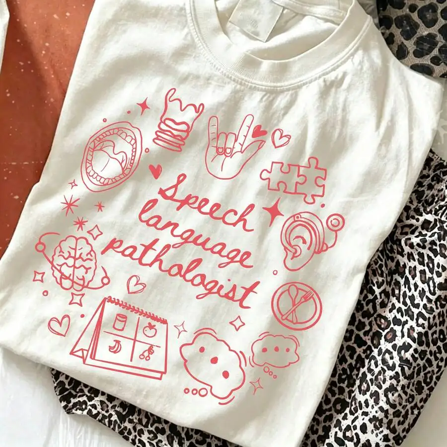 Women's Crew Neck Short Sleeve Summer Vacation Casual T‑Shirt Cute Speech Language Pathologist SLP Speech Therapy Graphic Print Tee Top
