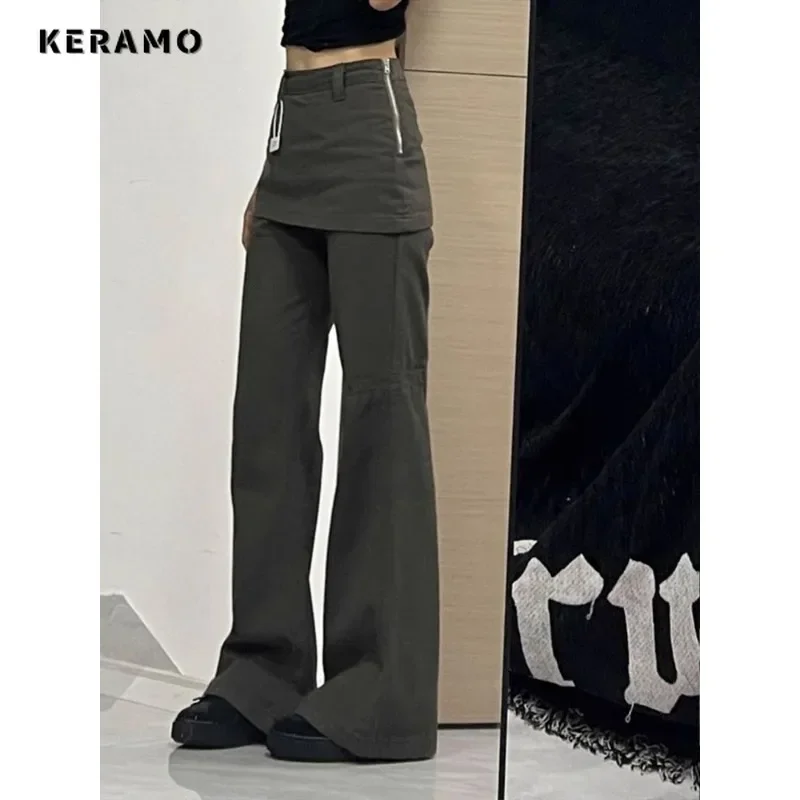 Harajuku Patchwork High Waist Flared Jeans Female Retro Green Y2K Pants Hight Street Women\'s Vintage Solid Color Denim Trouser