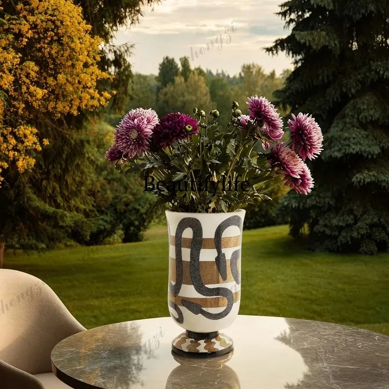 Q181 Light luxury, retro texture snake pattern high foot ceramic vase living room desktop art flower ware