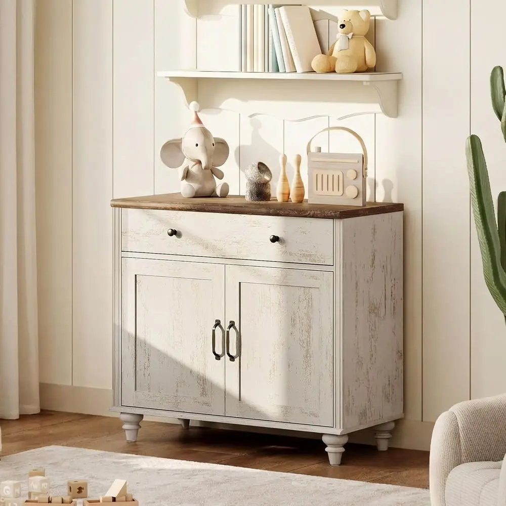 Large Rustic White Kitchen Storage Cabinet with Coffee Bar Table, 34 Inch