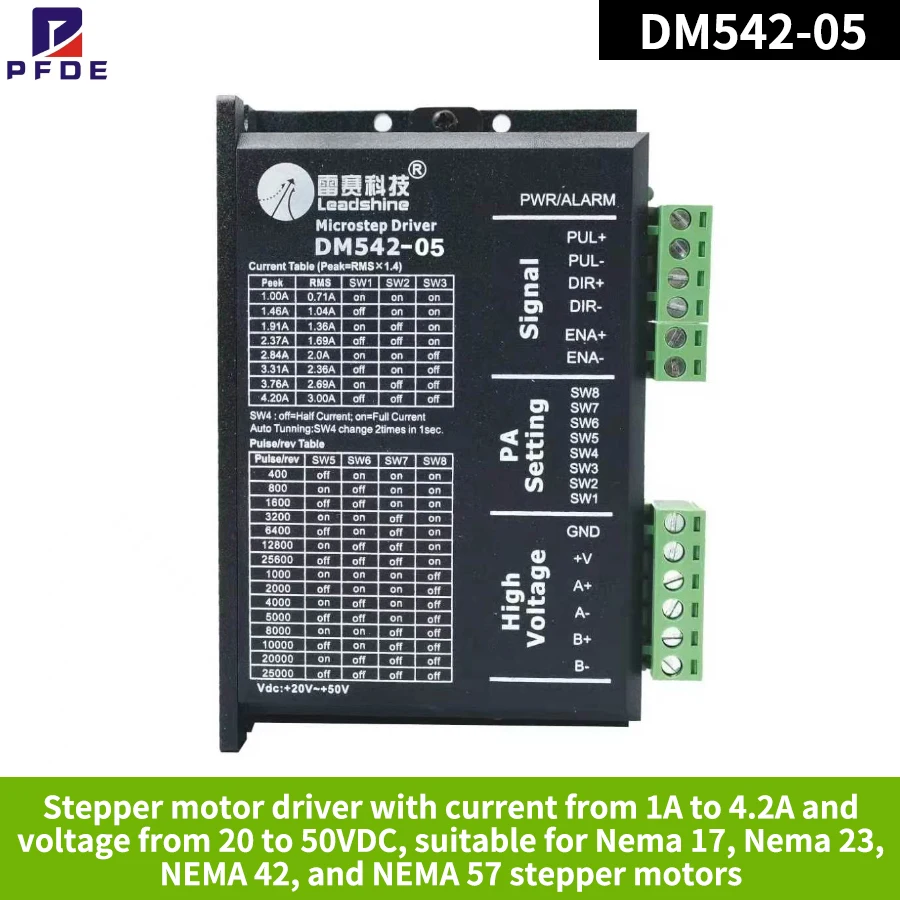 Leadshine DM542-05 1A to 4.2A 20 to 50VDC for Nema 17 Nema23 NEMA 42 and NEMA 57 Stepper Motor 25000 Pulse per Rev