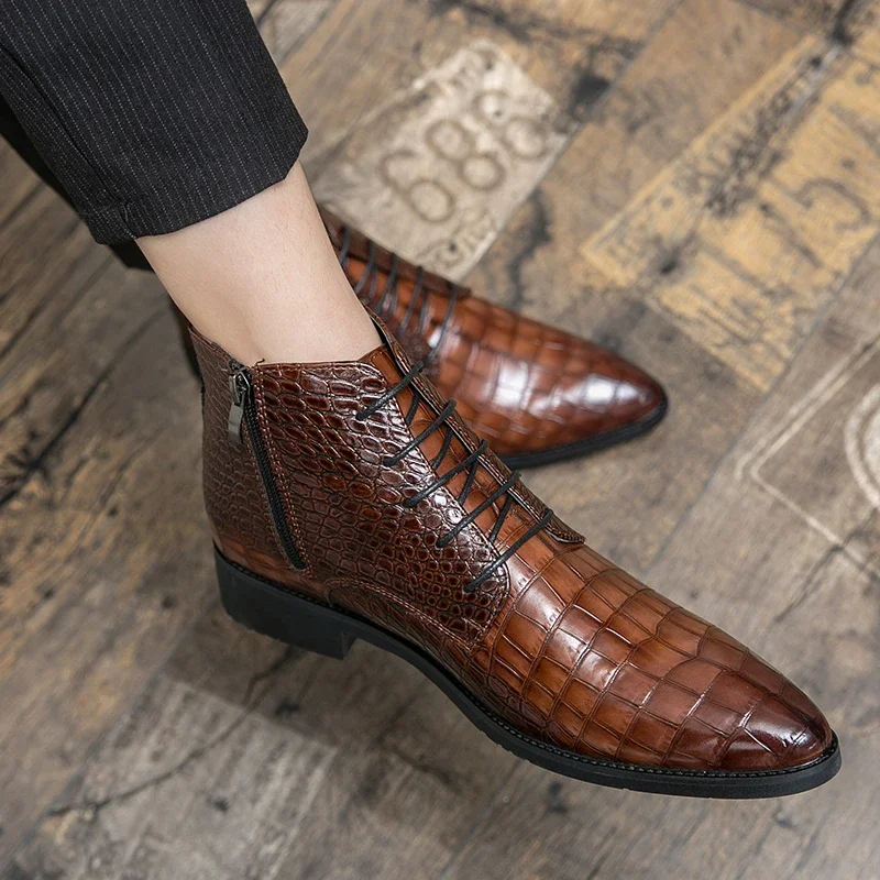 

2025 Chelsea Men Boots Leather Boots Lace Up Ankle Boots Pointed Toe Low Heel Thick Sole Business Plus Size 38-48 W814