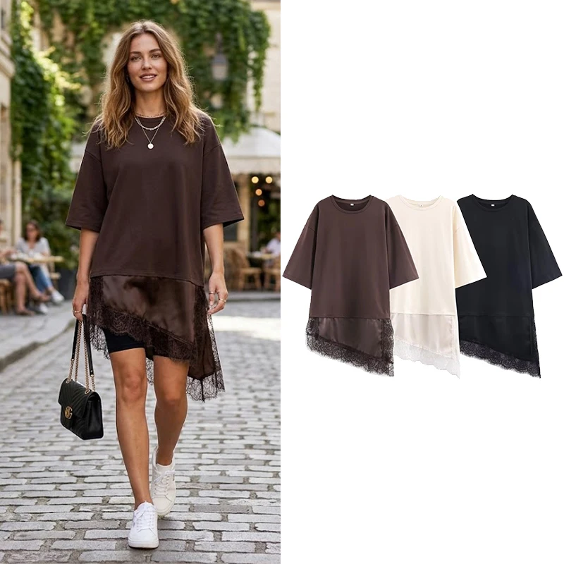 Willshela femmes mode solide dentelle Patchwork chemise asymétrique Vintage col rond demi manches femme Chic dame Blouse