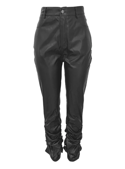 Women\'s Leather Pants Fashionable Warm Button Zipper Elastic Stack Leather Pants Street Style Hip-Hop Casual Retro Leather Pants