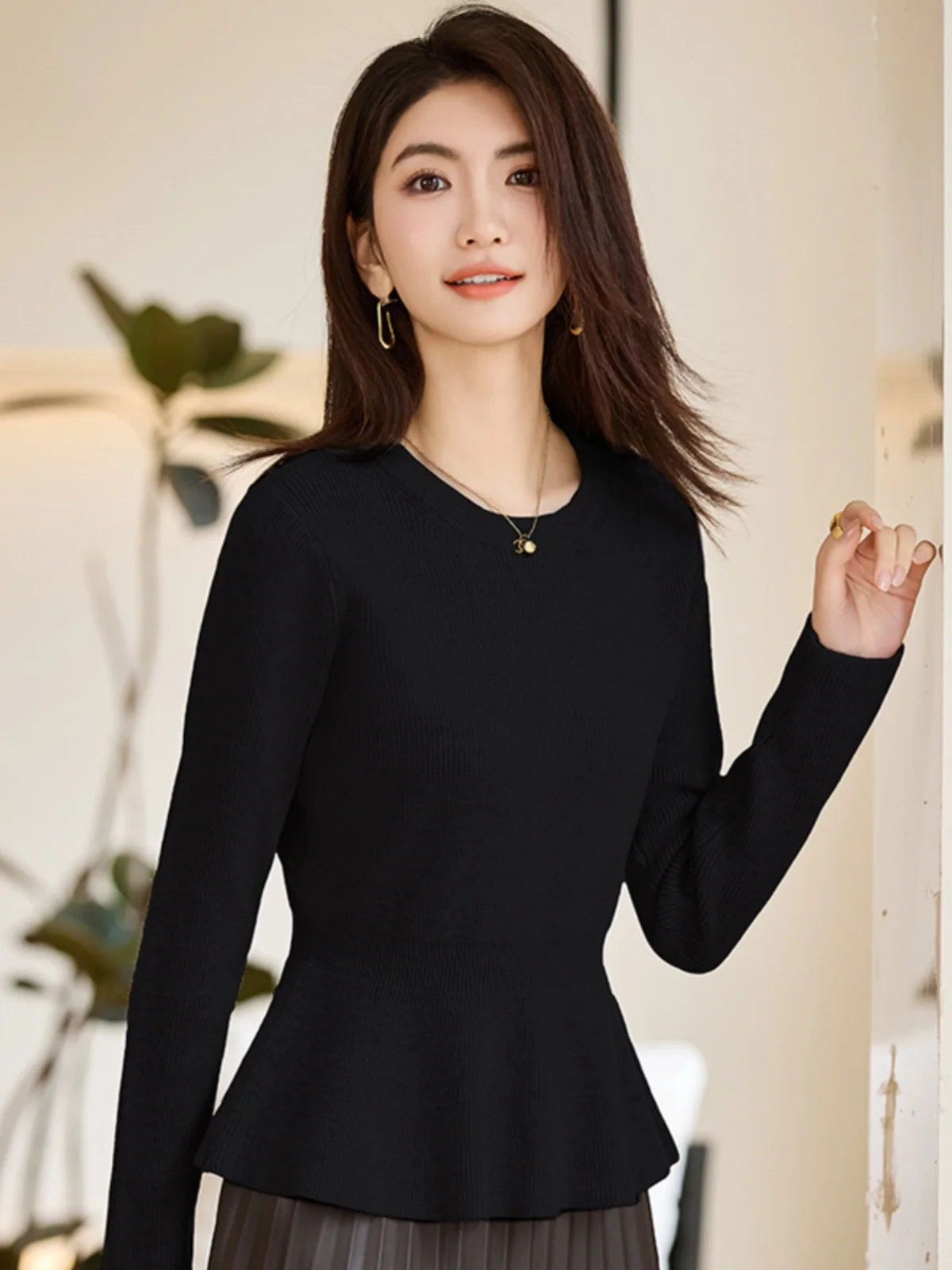 레드 니트 슬림 핏 베이스 레이어 탑 하이 웨이스트 출퇴근 패션 여성 스웨터 이너웨어 가을 겨울 의류