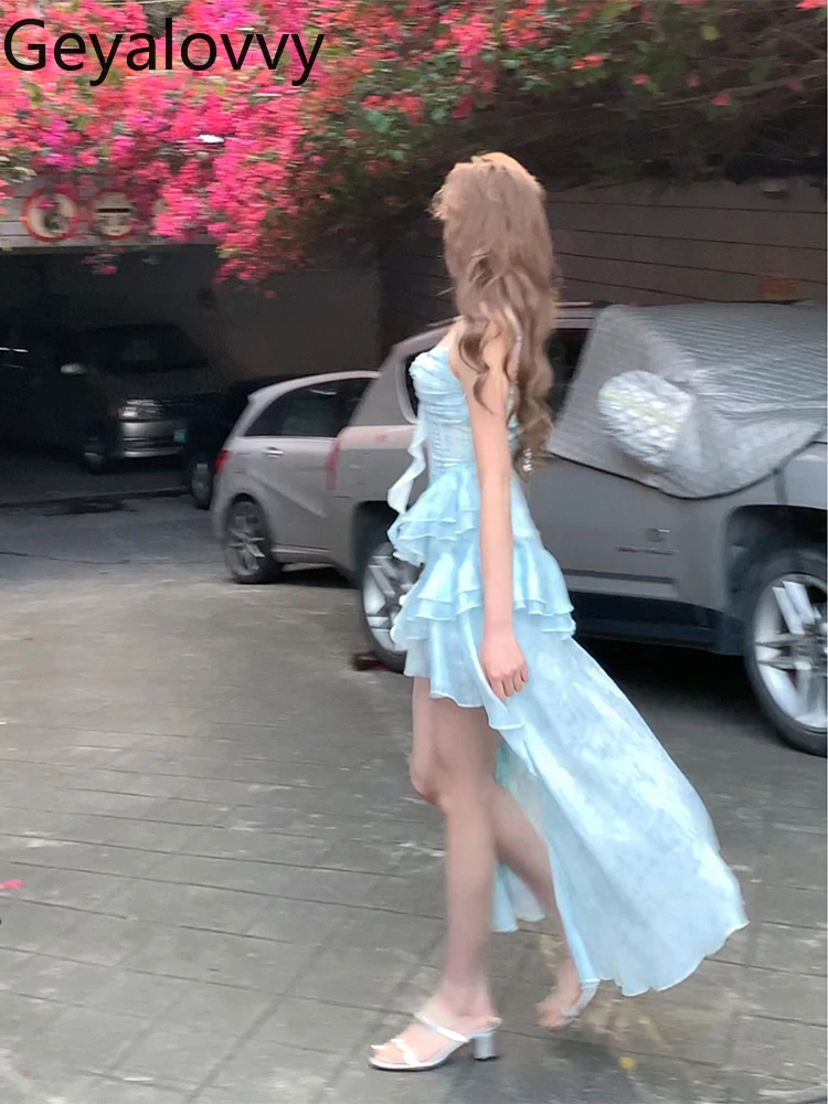 Robe surdimensionnée à volants, bleu irrégulier, à bretelles, pour filles douces, vacances en bord de mer, taille haute, sans manches, robes courtes