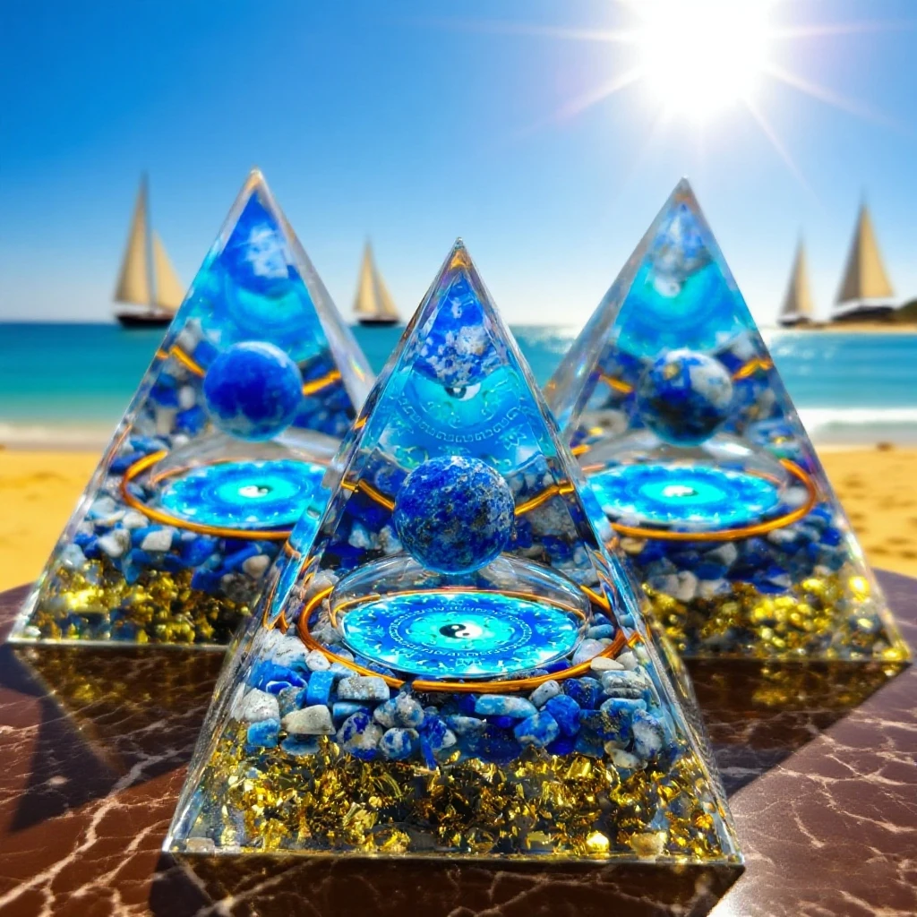 اللازورد الطبيعي الأزرق يين يانغ تاي تشي أورجون الهرم الحلي الزخرفية، كريستال الطاقة شفاء الحلي