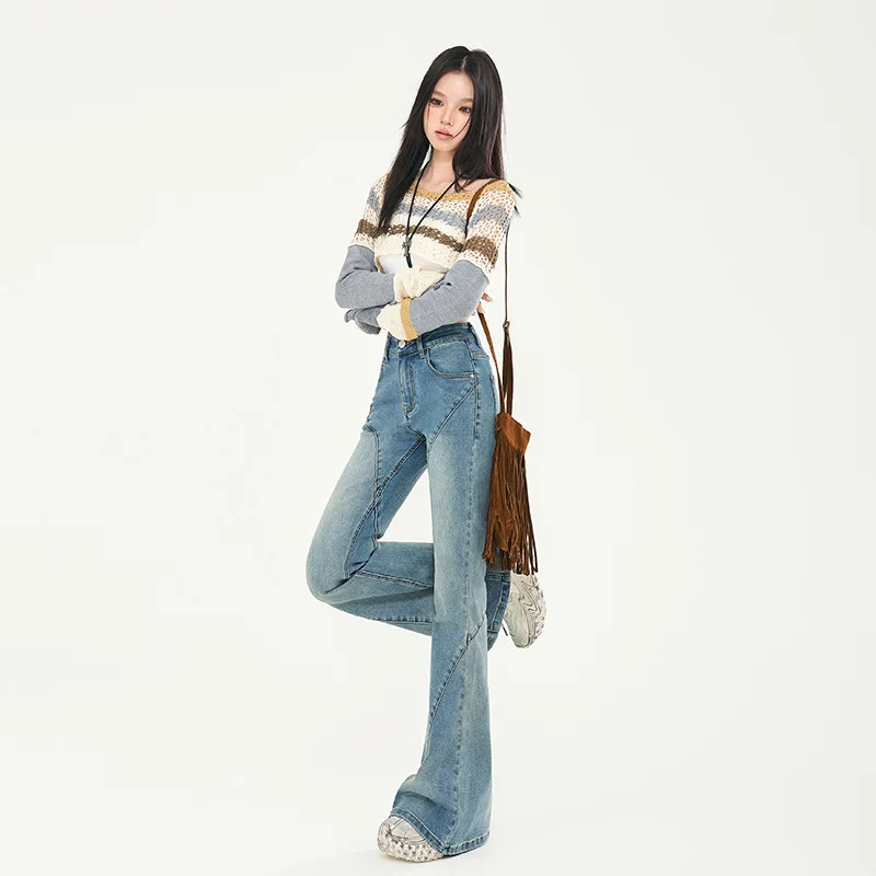 BOWEYLUN High-waisted High Elasticity Spliced Micro Flare Jeans Trousers Female Autumn New Slim Denim Straight Pants Women