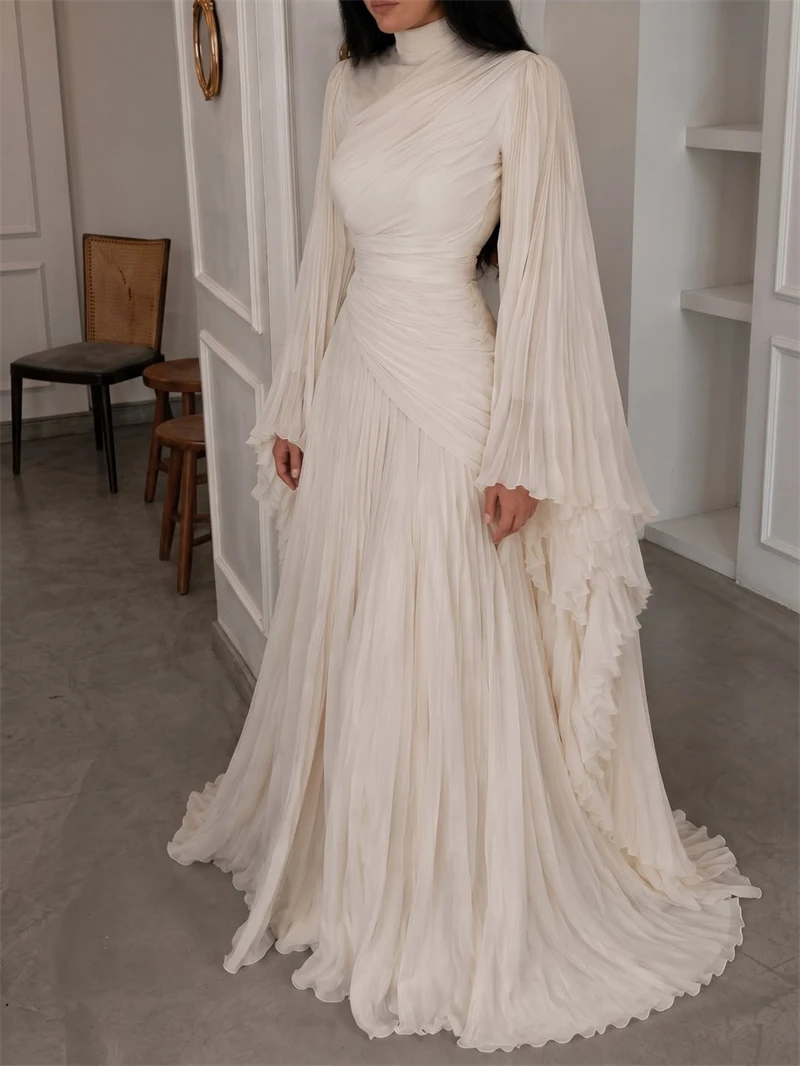 Xijun Modest Gelbe Chiffon-Abendkleider mit langen Ärmeln, Cape-Ärmeln, lange Ballkleider, A-Linie, plissierte Ballkleider, individuell gestaltet – Detail 8