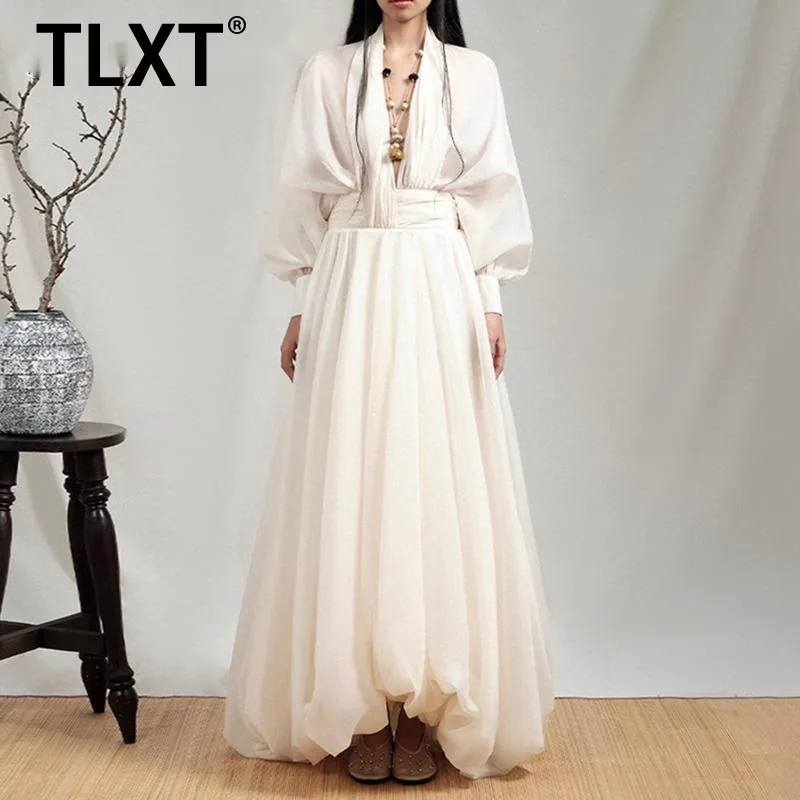 TLXT Elegante frauen Lose Sheer Gespleißt Falten Sexy Kleider V-ausschnitt Mit Langen Ärmeln Hohe Taille Mode Kleid Weibliche Kleidung Neue