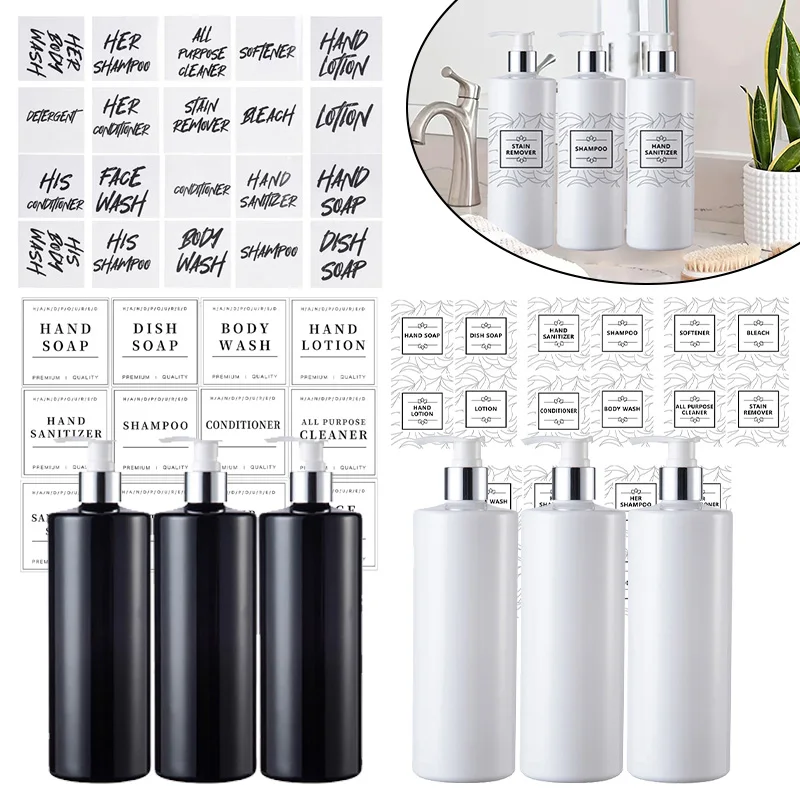 3x 500ml Soap Dispenser With Labels Refillable Shampoo Conditioner Bottles Bathroom Hand Pump Liquid Lotion Shower Gel Container