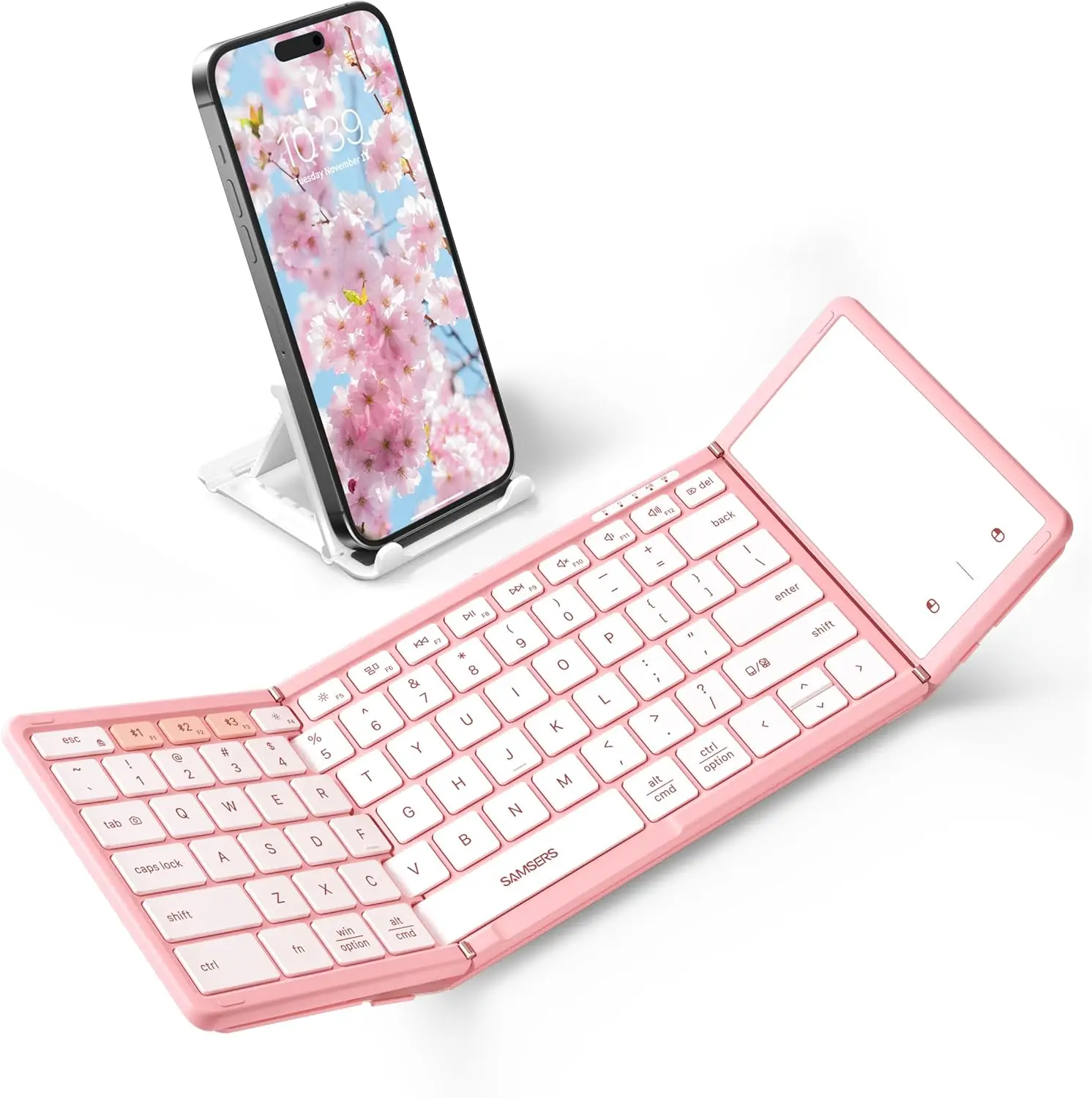 Foldable Bluetooth Keyboard with Touchpad, Full-Size Wireless Portable Travel Keyboard for iOS Android Windows Mac OS, Pink