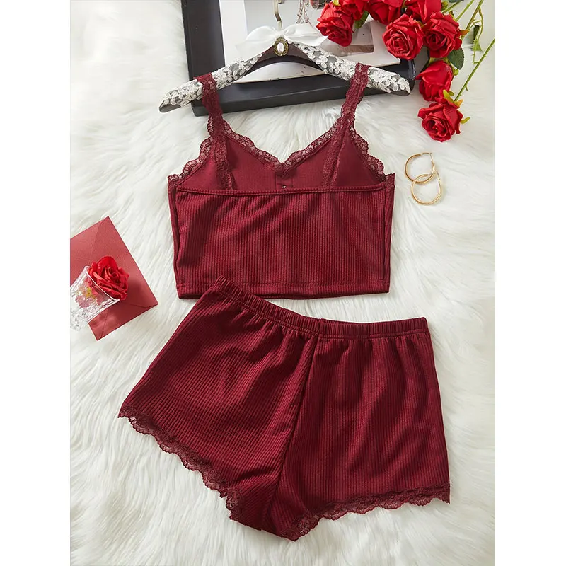Plus-Size Solid-Color Lace Pajama Set For Women Sleeveless V-neck Summer Nightgown Straps Tank Top And Shorts Sets Home Clothes