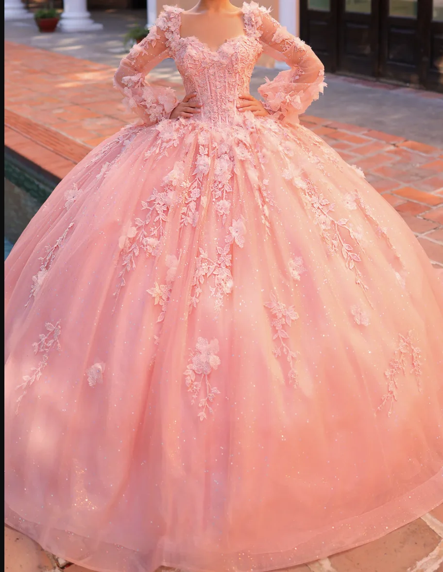 

ANGELSBRIDEP Mexican Quinceanera Dresses Pink Appliques 3D Flower Ball Gown Prom Dresses Princess Birthday Party Sweet 16 Dress